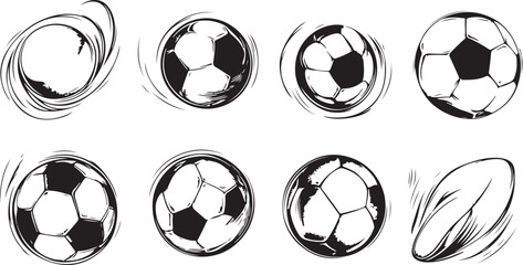 Collection of Hand Drawn Soccer Balls in Motion with a Rugby Ball Graphic Design Elements