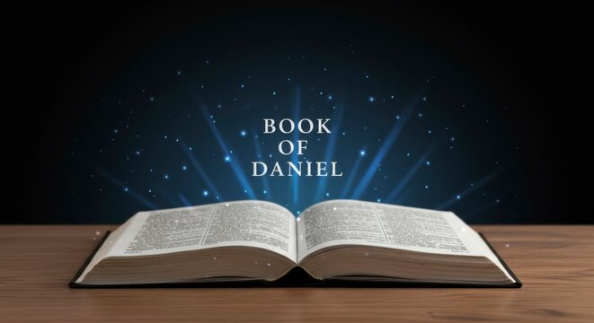 Open book on wooden surface, glowing  "Book of Daniel" above. Mystical, spiritual feel