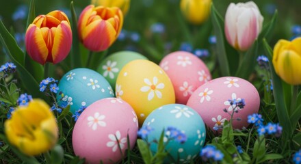 Obraz premium A vibrant display of Easter eggs nestled amidst lush green grass and colorful tulips
