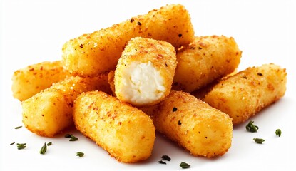 Deliciously golden mozzarella sticks served on a white plate food photography gourmet snack culinary delight close-up perspective