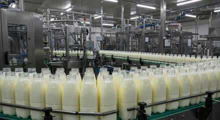 Automated milk bottling plant showcasing a production line filled with rows of filled bottles moving along a conveyor belt