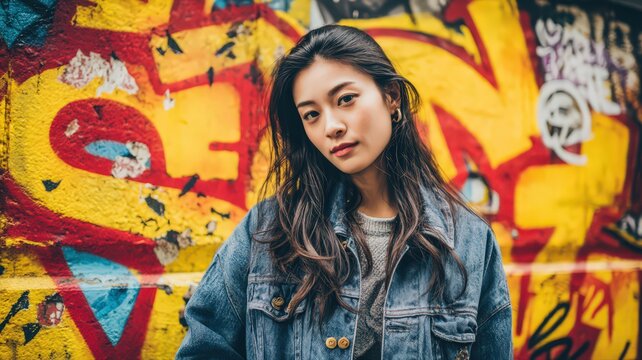 Half Body Portrait of an Asian Woman in Casual Street Fashion Against Colorful Graffiti Background