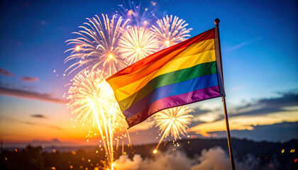pride month flag with sparkling firework at night