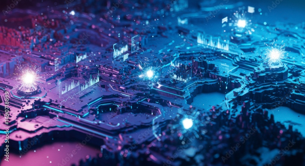 Poster high-tech circuit board with glowing lights and data visualization elements in a futuristic design