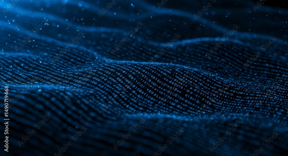 Poster abstract dark blue digital waves, particles forming undulating patterns, illuminated with subtle lig