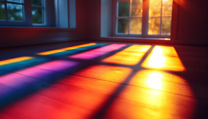Sunlight streams through a window, casting rainbow hues onto the wooden floor of a bright, white room