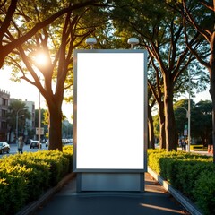 A blank billboard stands in a sunlit urban street surrounded by trees ready for new advertising billboard blank mockup display empty poster advertising