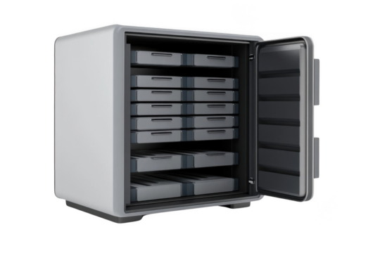 Open safe box reveals Many Drawers for secure Storage and Organization.