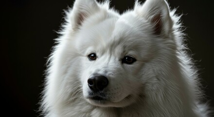 Majestic white canine with thick fur, captivating gaze, and dark eyes, set against a dark backdrop