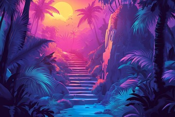 Tropical landscape illustration with stone steps leading towards a sunset sky, surrounded by palm trees and lush vegetation in vibrant pink and blue hues.