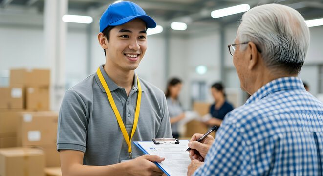 Happy delivery man and senior customer warehouse teamwork collaboration logistics service excellent support efficient order processing