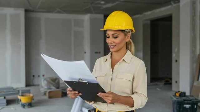 A confident middle-aged woman in a safety helmet reviewing renovation plans on a clipboard, inside a spacious, minimalistic room with large empty wall space and scattered construction materials 