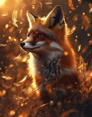 Majestic Fox Surrounded by Warm Light and Floating Feathers
