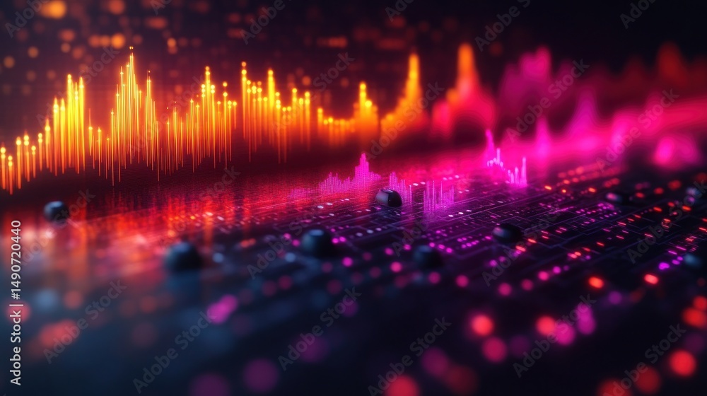 Poster abstract data visualization, vibrant digital signal processing, futuristic circuit board