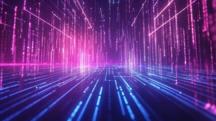 Abstract technology background with glowing lines and dots in blue and pink colors. Futuristic digital backdrop, data stream visualization.