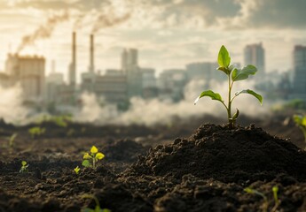 Small green plant sprouting from soil in urban landscape environmental resilience nature industrial background close-up view growth concept