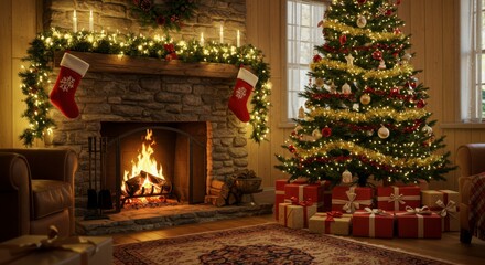Fototapeta premium Cozy Christmas living room with fireplace and tree