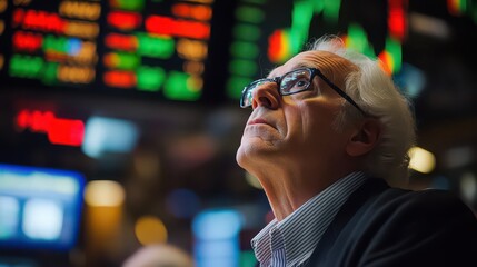 Man in glasses looking up at stock market display board with red and green numbers and blurred lights