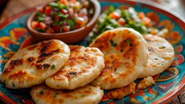 Salvadoran pupusas on a colorful plate, with a side of curtido and tomato salsa. A traditional and flavorful dish from El Salvador.