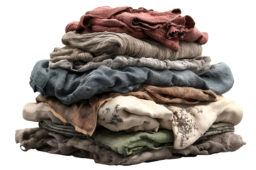 Stack of old worn fabrics various colors textures