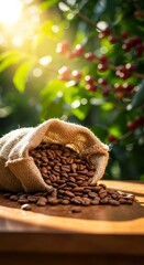 An open burlap bag full of spilled light medium roast coffee beans on a brown randomly sunlit wooden table with a blurred background of the morning sun shining through the vibrant green leaves and red