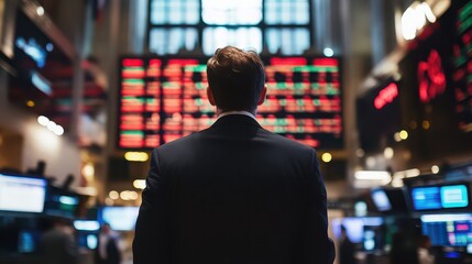 Fototapeta premium A man in a suit looking at stock market data on a large screen in a trading floor environment