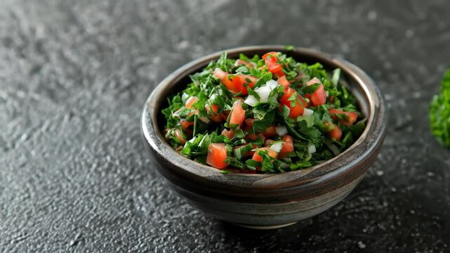 Lebanese tabbouleh in a small bowl, with finely chopped parsley, tomatoes, and bulgur. A fresh and healthy salad from Lebanon
