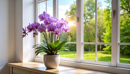 Orchid Bloom by the Window: A Serene Indoor Garden Scene