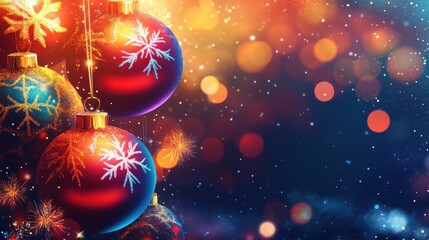 Festive Christmas background with hanging ornaments and bokeh lights. Holiday season backdrop with blurred lights and decorative baubles with snowflake design.