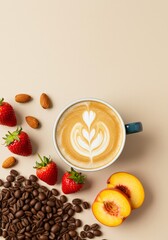 Aesthetic flat-lay of coffee beans, a cup of espresso with a thick dark crema, fresh strawberries, peach slices, and almonds on a warm beige background. Soft natural light, subtle shadows, harmonious 