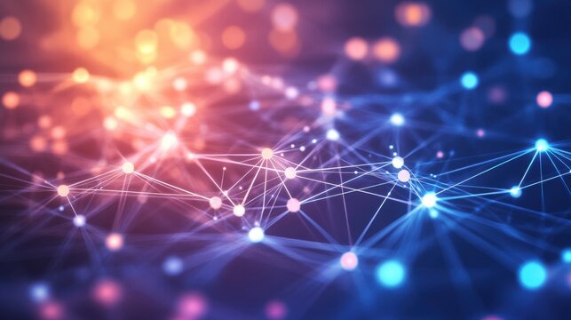 Abstract network background with glowing nodes and connections, symbolizing data transmission, artificial intelligence, and complex systems in a vibrant color scheme.