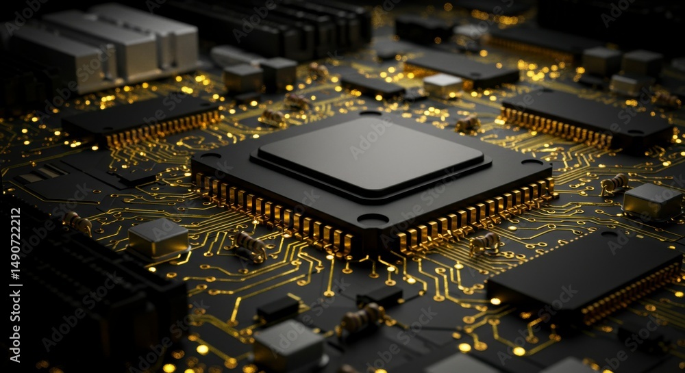 Aufkleber close-up of a complex circuit board with a central processor chip