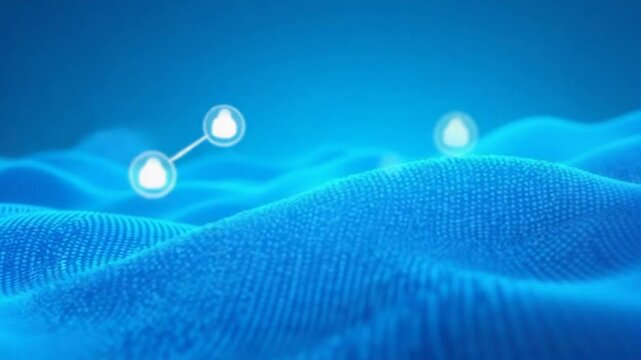 Sky blue abstract wavy data space creative motion design. Flowing moving on waved surface. Cyber sea waves floating dots background. Global network slow waving ocean concept backdrop.