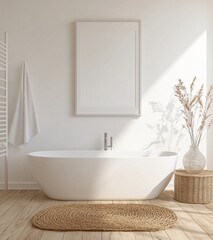 Fototapeta premium Serene bathroom oasis featuring a white freestanding tub minimalist design natural light peaceful home environment artistic aesthetic