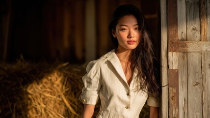 Fototapeta premium Half Body Portrait of an Asian Woman in Farm Style Linen Outfit Surrounded by Hay in Natural Light