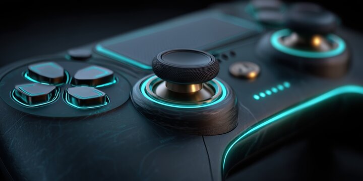 Black ergonomic controller close-up with glowing neon blue buttons, textured analog stick, illuminated LED ring accents, matte finish housing and subtle surface scratches