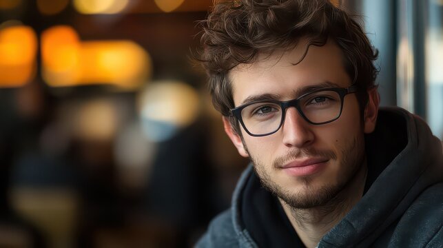 Portrait of a young man with curly hair wearing glasses and a hoodie looking at the camera