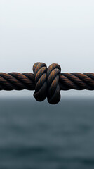 Fototapeta premium Braided rope with knot, against the backdrop of the sea or a body of water, close up. The rope is tightly wound, showcasing intricate details.