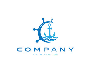 Nautical anchor and ship wheel vector logo template design for marine business brand identity