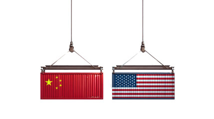 Two shipping containers with a red and white flag on one and a red