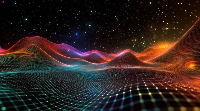 A colorful wireframe landscape with glowing stars in the background creating a digital aesthetic