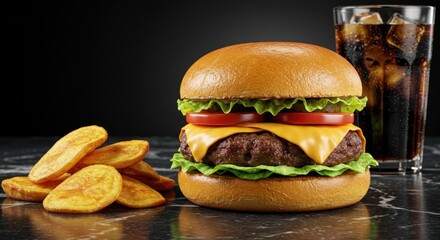 Close-Up of Tasty Cheeseburger with Potato Slices and Soda Drink on Black Marble Table – Gourmet Fast Food Photography-