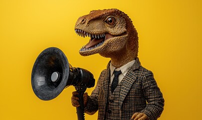 A dinosaur in a suit holds a megaphone against a yellow backdrop.  It's a humorous image suggesting announcements or news