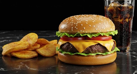 Close-Up of Tasty Cheeseburger with Potato Slices and Soda Drink on Black Marble Table – Gourmet Fast Food Photography-