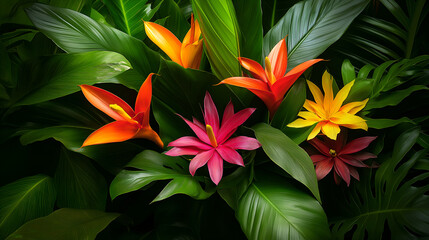 Obraz premium Brightly colored flowers in amidst green leaves.