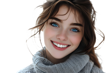 Portrait of a smiling woman in happiness, isolated on white or transparent background