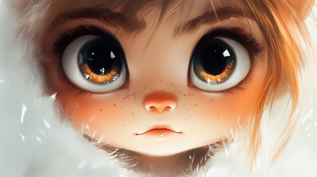 Close up of an animated character with big eyes and freckles wearing a white fluffy collar