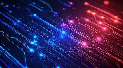 Abstract technology background with blue and red circuit board pattern. Futuristic hi tech digital texture, concept for network, big data, science, or artificial intelligence.