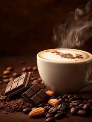 A steaming cup of coffee with a thin foam and smoke rising from the top, surrounded by scattered beans, dark chocolate and almonds on a dark brown warm background, creates an atmosphere of warmth and 