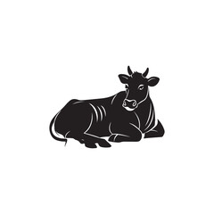 A Cow lying down vector silhouette in black. Funny happy cartoon black and white dairy cow isolated on a white background, perfect for farm animal illustration